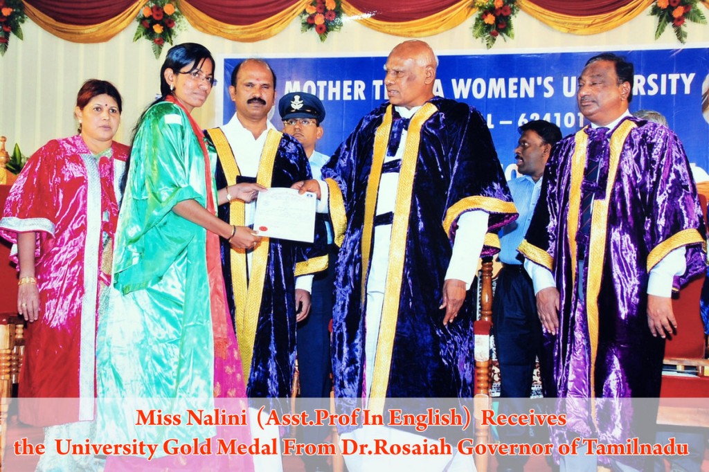 Miss. Nalini (Asst. Prof. in English) Receives the University Gold Medal From Dr.Rosaiah, Governer of Tamilnadu
